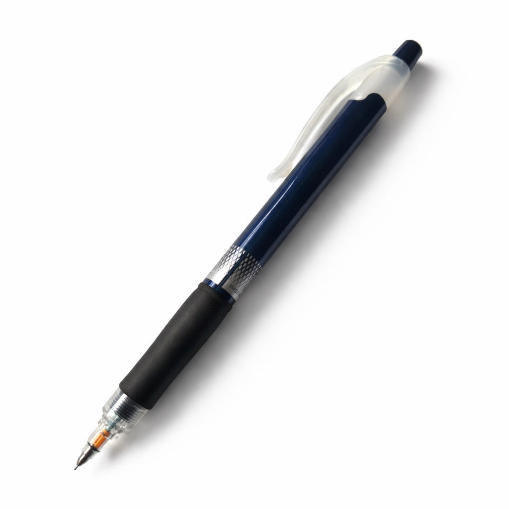 Pencil with a blue body and black accents on a white background