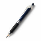 Pencil with a blue body and black accents on a white background