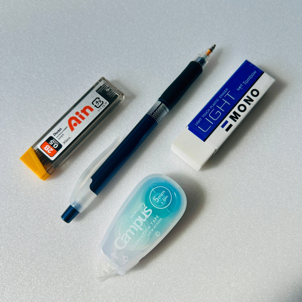 2b lead, mechanical pen, standard erasers and correction tape