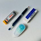 2b lead, mechanical pen, standard erasers and correction tape